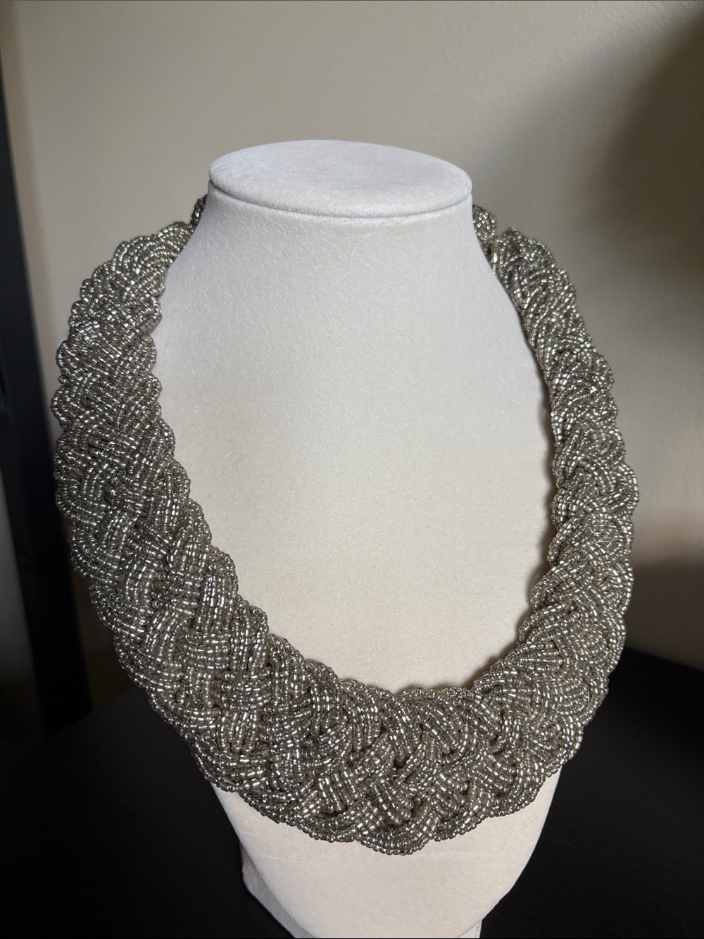 Beaded Braided Statement Necklace - Silver